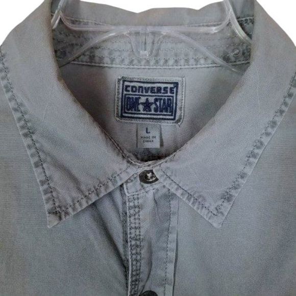 Converse One Star Mens Button Down Shirt Long Sleeve Gray Sz Large Metal Buttons - Picture 3 of 4